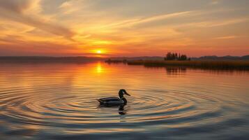 Majestic sunset over a tranquil lake with a duck swimming gracefully in the foreground photo