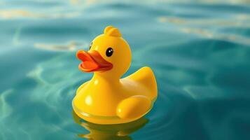 Bright yellow rubber duck floats in clear water on a sunny day, creating a playful atmosphere near a pool or lake photo