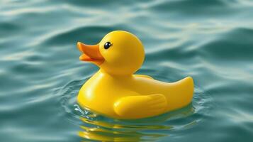 Bright yellow rubber duck floating peacefully on calm water surface during sunny day photo