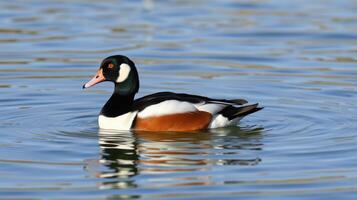 Colorful duck swimming in a serene pond during a sunny day in early spring photo