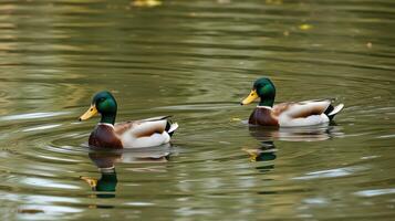 Ducks swimming peacefully on a calm lake in the early morning light during autumn season photo
