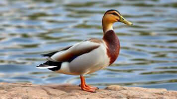 Colorful male duck standing by the water's edge on a sunny day in a serene environment photo