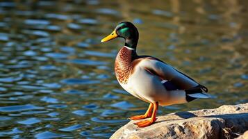 Majestic male mallard duck standing by a tranquil pond at sunrise photo
