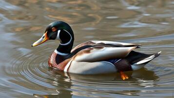 Colorful duck swimming gracefully in a calm water body during midday sunlight photo