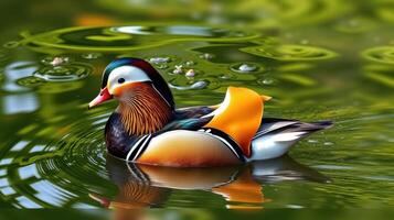 Colorful mandarin duck swimming gracefully in a serene pond with rippling water photo