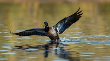 Mallard duck flapping its wings on a serene lake during golden hour in autumn photo