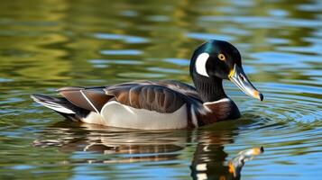 Colorful duck gliding peacefully across the calm water in a serene setting during daylight photo