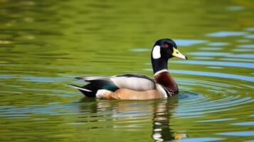 Male wood duck swims gracefully across a tranquil pond surrounded by lush greenery during a sunny day photo