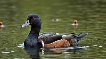 Dark-colored duck swimming on a calm pond reflecting ripples in early morning light photo