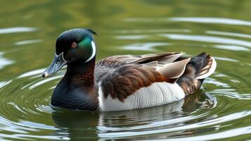 Male duck swimming gracefully on a serene pond surrounded by natural reflections and ripples photo