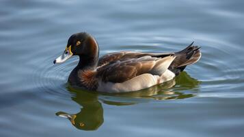 Duck swims gracefully across calm water reflecting a serene landscape at midday photo