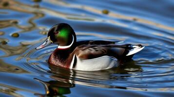 Colorful male duck swimming gracefully in a tranquil pond reflecting ripples at midday photo