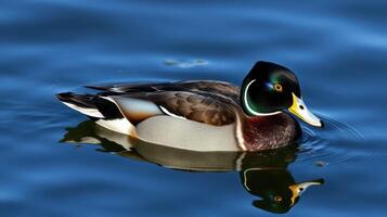 Beautiful male duck swimming in tranquil blue water on a sunny day in a natural habitat photo