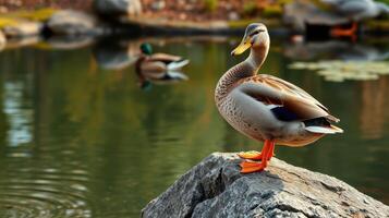 Duck standing on a rock by the serene pond during daytime in a tranquil outdoor setting photo