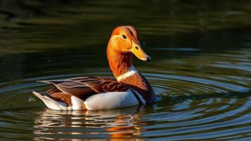 Colorful duck gliding through calm waters in a serene natural setting during daylight hours photo