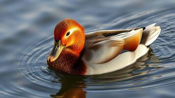 Duck swimming gracefully on calm water during sunset hours in a serene environment photo