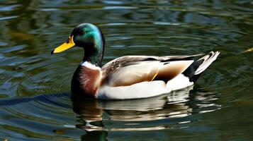 Male mallard duck swims gracefully in a tranquil pond reflecting lush greenery and blue sky photo