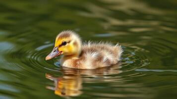 Cute duckling swimming in tranquil pond on a sunny day surrounded by calm water photo