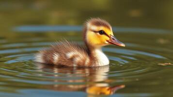 Cute duckling swims in a tranquil pond on a sunny afternoon surrounded by gentle ripples in the water photo