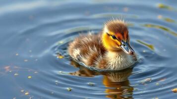 Young duckling swims gracefully in a serene pond during a sunny day photo