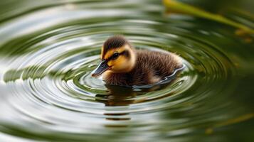 Cute duckling swims peacefully in calm water surrounded by ripples under soft sunlight photo