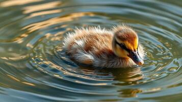 Cute duckling swimming in a tranquil pond surrounded by rippling water and natural sunlight photo