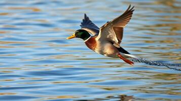Mallard duck gliding gracefully over a shimmering lake at sunset in a tranquil natural setting photo