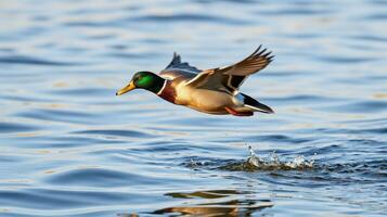 Mallard duck in flight over a shimmering lake during sunrise, showcasing its vibrant plumage and graceful movement photo
