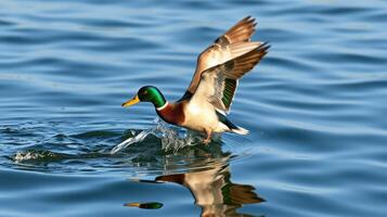 Mallard duck taking flight over calm water during sunny daylight in a natural habitat photo