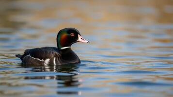 Male harlequin duck swimming gracefully in calm water during late afternoon light photo