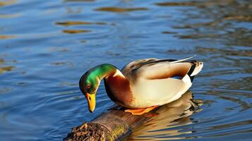 Male duck forages on a log in a serene water setting during golden hour at a calm lake photo