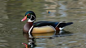 Wood duck swimming serenely on calm water surrounded by natural beauty in a tranquil setting photo