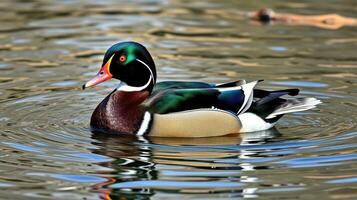 Wood duck gliding gracefully across rippling water in a serene natural setting during golden hour photo