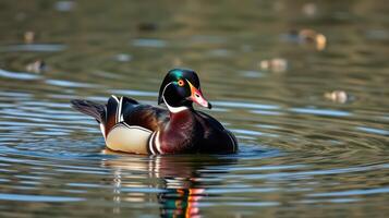 Wood duck swimming gracefully on a tranquil pond with rippling water reflections during daylight photo