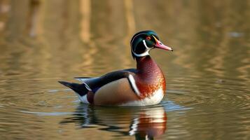 Wood duck swims gracefully in tranquil waters surrounded by natural foliage at sunset photo