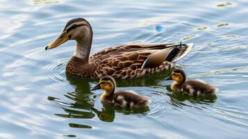 Duck mother swims gracefully with her ducklings in tranquil waters during warm spring afternoon photo