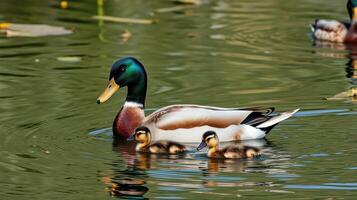 Mallard duck swims with ducklings in a serene pond during a sunny day photo
