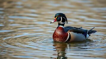 Wood duck swimming gracefully on calm water during daylight in a serene natural setting photo