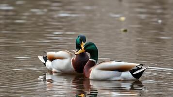Two male ducks swim peacefully in a calm body of water during a sunny afternoon photo