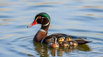 Mallard duck with ducklings swimming gently in calm waters during a sunny afternoon photo