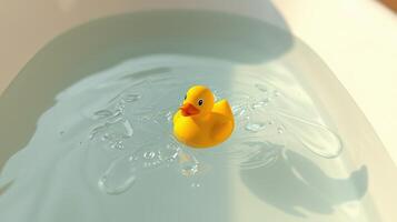 Yellow rubber duck floats on water in a bright and playful bathroom setting during the daytime photo