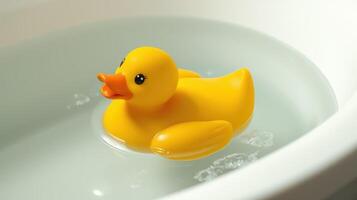 Bright yellow rubber duck floats in a bathtub filled with water during a relaxing bath time photo