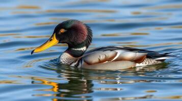 Duck swimming serenely on a calm lake with shimmering reflections in the early morning light photo