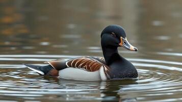 Colorful duck swimming gracefully on a calm lake surrounded by tranquil nature photo