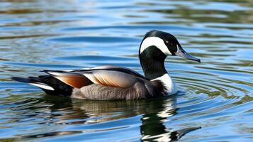 Colorful duck swims gracefully on shimmering water in a serene natural setting near the shoreline photo