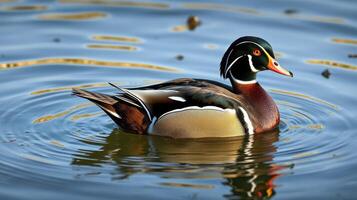 Colorful wood duck gliding smoothly on a serene lake during early morning light photo