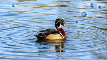 Wood duck gliding on calm water with ripples and colorful reflections photo