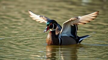 Beautiful wood duck flapping wings while swimming in calm water during golden hour photo