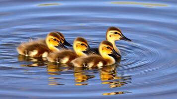 Ducks swim gracefully in a tranquil lake during a sunny afternoon photo