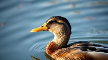 Duck swimming in calm water reflecting soft sunlight during a serene morning photo